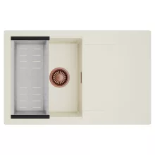 HD Onyx White 78 egymedencés mosogatótálca szett, acél csepegtetőkosárral, csepegtetőtálcával, tört fehér színben, szálcsiszolt réz leeresztő szifonnal