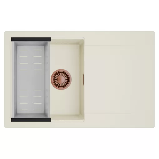 HD Onyx White 78 egymedencés mosogatótálca szett, acél csepegtetőkosárral, csepegtetőtálcával, tört fehér színben, szálcsiszolt réz leeresztő szifonnal