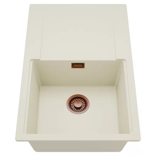 HD Onyx White 78 egymedencés mosogatótálca, csepegtetőtálcával, tört fehér színben, szálcsiszolt réz leeresztő szifonnal