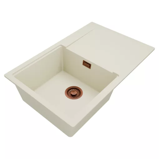 HD Onyx White 78 egymedencés mosogatótálca, csepegtetőtálcával, tört fehér színben, szálcsiszolt réz leeresztő szifonnal