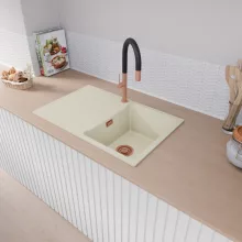 HD Onyx White 78 egymedencés mosogatótálca, csepegtetőtálcával, tört fehér színben, szálcsiszolt réz leeresztő szifonnal