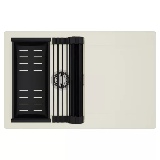 HD Onyx White 78 egymedencés mosogatótálca szett, matt fekete csepegtetőráccsal és kosárral, csepegtetőtálcával, tört fehér színben