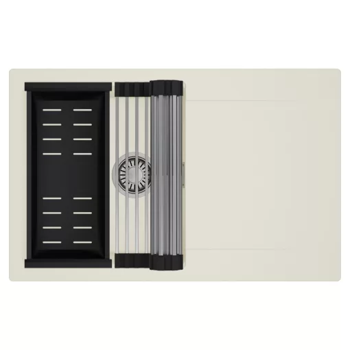 HD Onyx White 78 egymedencés mosogatótálca szett, acél csepegtetőráccsal és matt fekete kosárral, csepegtetőtálcával, tört fehér színben