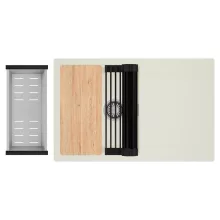 HD Onyx White 78 egymedencés gránit mosogatótálca szett, vágódeszkával, csepegtetőtálcával, vágódeszkával, matt fekete csepegtetőráccsal és krómozott kosárral, tört fehér színben