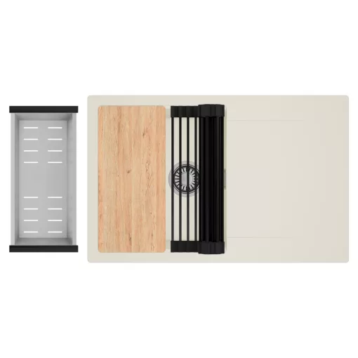 HD Onyx White 78 egymedencés gránit mosogatótálca szett, vágódeszkával, csepegtetőtálcával, vágódeszkával, matt fekete csepegtetőráccsal és krómozott kosárral, tört fehér színben