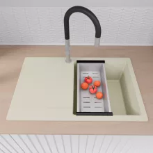 HD Onyx White 78 egymedencés gránit mosogatótálca szett, vágódeszkával, csepegtetőtálcával, vágódeszkával, matt fekete csepegtetőráccsal és krómozott kosárral, tört fehér színben