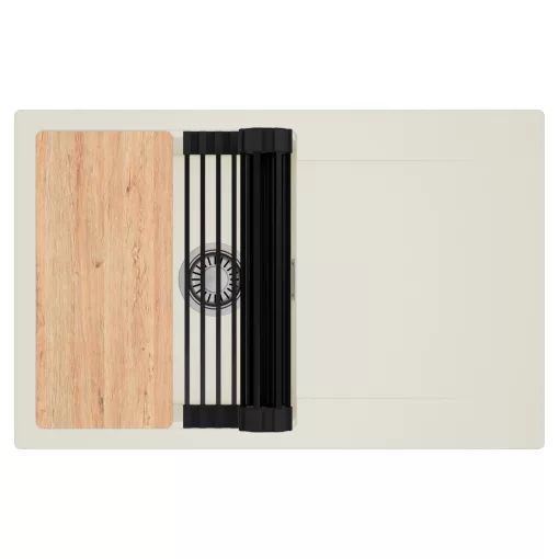 HD Onyx White 78 egymedencés gránit mosogatótálca szett, vágódeszkával, csepegtetőtálcával, vágódeszkával, matt fekete csepegtetőráccsal, tört fehér színben