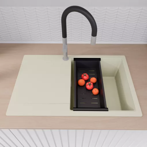 HD Onyx White 78 egymedencés gránit mosogatótálca szett, vágódeszkával, csepegtetőtálcával, vágódeszkával, acél csepegtetőráccsal és matt fekete kosárral, tört fehér színben