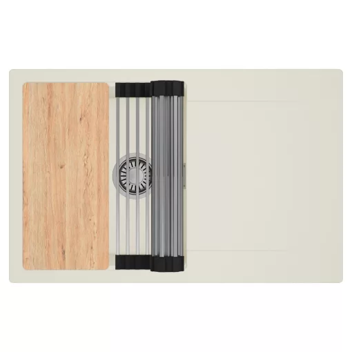 HD Onyx White 78 egymedencés gránit mosogatótálca szett, vágódeszkával, csepegtetőtálcával, vágódeszkával, acél csepegtetőráccsal, tört fehér színben