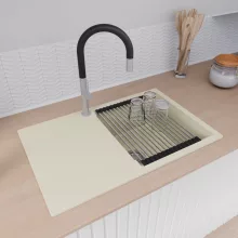 HD Onyx White 78 egymedencés gránit mosogatótálca szett, vágódeszkával, csepegtetőtálcával, vágódeszkával, acél csepegtetőráccsal, tört fehér színben