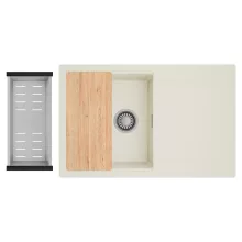 HD Onyx White 78 egymedencés gránit mosogatótálca szett, vágódeszkával, csepegtetőtálcával, vágódeszkával, acél csepegtetőkosárral, tört fehér színben