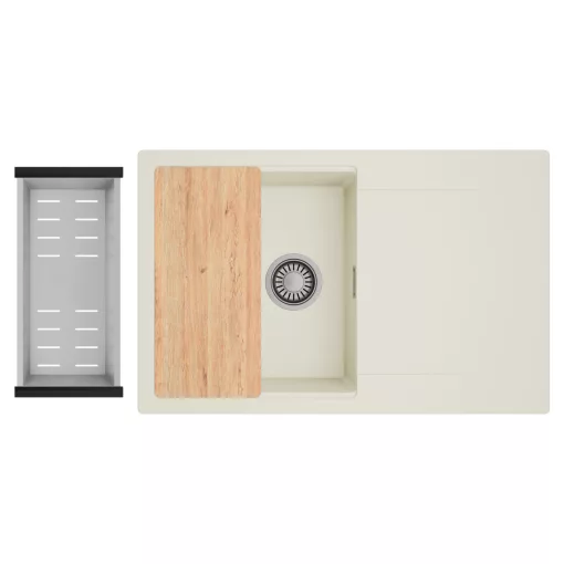 HD Onyx White 78 egymedencés gránit mosogatótálca szett, vágódeszkával, csepegtetőtálcával, vágódeszkával, acél csepegtetőkosárral, tört fehér színben