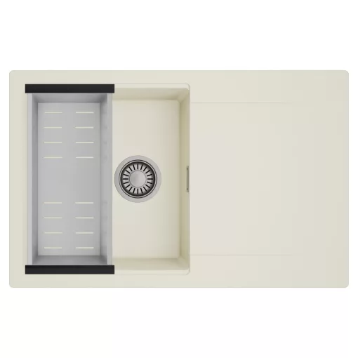 HD Onyx White 78 egymedencés mosogatótálca szett, acél csepegtetőkosárral, csepegtetőtálcával, tört fehér színben