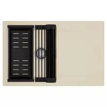 HD Onyx Beige 78 egymedencés mosogatótálca szett, matt fekete csepegtetőráccsal és kosárral, csepegtetőtálcával, soft bézs színben, szálcsiszolt króm leeresztő szifonnal