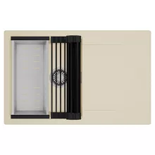 HD Onyx Beige 78 egymedencés mosogatótálca szett, matt fekete csepegtetőráccsal és krómozott kosárral, csepegtetőtálcával, soft bézs színben, szálcsiszolt króm leeresztő szifonnal