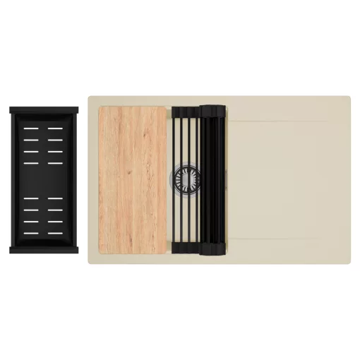 HD Onyx Beige 78 egymedencés gránit mosogatótálca szett, csepegtetőtálcával, vágódeszkával, matt fekete csepegtetőráccsal és kosárral, soft bézs színben, szálcsiszolt króm leeresztő szifonnal