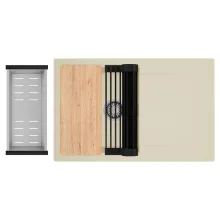 HD Onyx Beige 78 egymedencés gránit mosogatótálca szett, csepegtetőtálcával, vágódeszkával, matt fekete csepegtetőráccsal és krómozott kosárral, soft bézs színben, szálcsiszolt króm leeresztő szifonnal