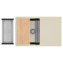 HD Onyx Beige 78 egymedencés gránit mosogatótálca szett, csepegtetőtálcával, vágódeszkával, acél csepegtetőráccsal és kosárral, soft bézs színben, szálcsiszolt króm leeresztő szifonnal