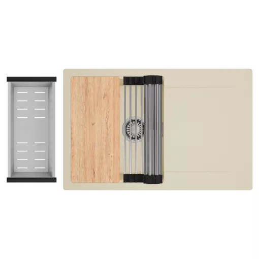 HD Onyx Beige 78 egymedencés gránit mosogatótálca szett, csepegtetőtálcával, vágódeszkával, acél csepegtetőráccsal és kosárral, soft bézs színben, szálcsiszolt króm leeresztő szifonnal