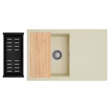 HD Onyx Beige 78 egymedencés gránit mosogatótálca szett, csepegtetőtálcával, vágódeszkával, matt fekete csepegtetőkosárral, soft bézs színben, szálcsiszolt króm leeresztő szifonnal