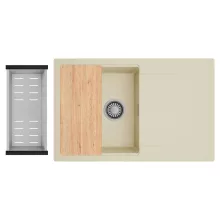 HD Onyx Beige 78 egymedencés gránit mosogatótálca szett, csepegtetőtálcával, vágódeszkával, acél csepegtetőkosárral, soft bézs színben, szálcsiszolt króm leeresztő szifonnal