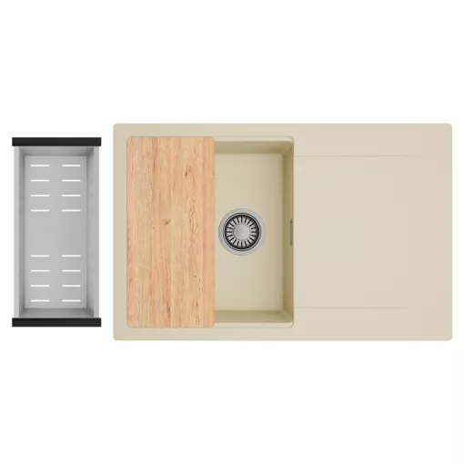 HD Onyx Beige 78 egymedencés gránit mosogatótálca szett, csepegtetőtálcával, vágódeszkával, acél csepegtetőkosárral, soft bézs színben, szálcsiszolt króm leeresztő szifonnal