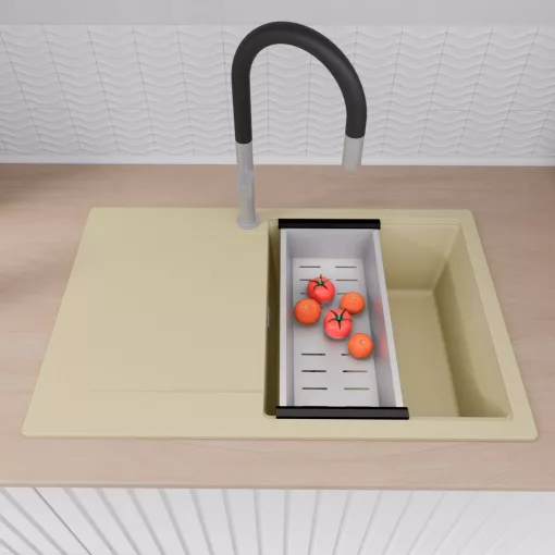 HD Onyx Beige 78 egymedencés gránit mosogatótálca szett, csepegtetőtálcával, vágódeszkával, acél csepegtetőkosárral, soft bézs színben, szálcsiszolt króm leeresztő szifonnal