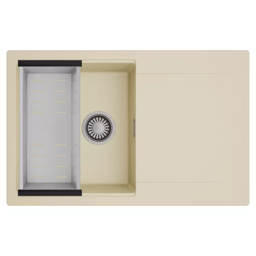 HD Onyx Beige 78 egymedencés mosogatótálca szett, acél csepegtetőkosárral, csepegtetőtálcával, soft bézs színben, szálcsiszolt króm leeresztő szifonnal