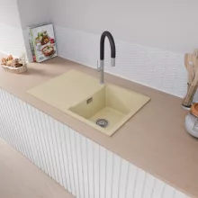 HD Onyx Beige 78 egymedencés mosogatótálca, csepegtetőtálcával, soft bézs színben, szálcsiszolt króm leeresztő szifonnal