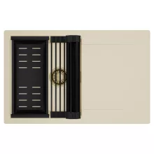 HD Onyx Beige 78 egymedencés mosogatótálca szett, matt fekete csepegtetőráccsal és kosárral, csepegtetőtálcával, soft bézs színben, szálcsiszolt arany leeresztő szifonnal