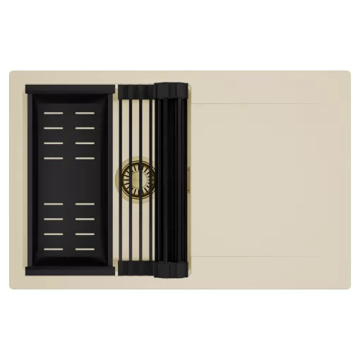 HD Onyx Beige 78 egymedencés mosogatótálca szett, matt fekete csepegtetőráccsal és kosárral, csepegtetőtálcával, soft bézs színben, szálcsiszolt arany leeresztő szifonnal