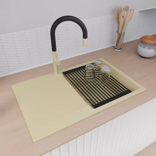 HD Onyx Beige 78 egymedencés mosogatótálca szett, matt fekete csepegtetőráccsal és kosárral, csepegtetőtálcával, soft bézs színben, szálcsiszolt arany leeresztő szifonnal