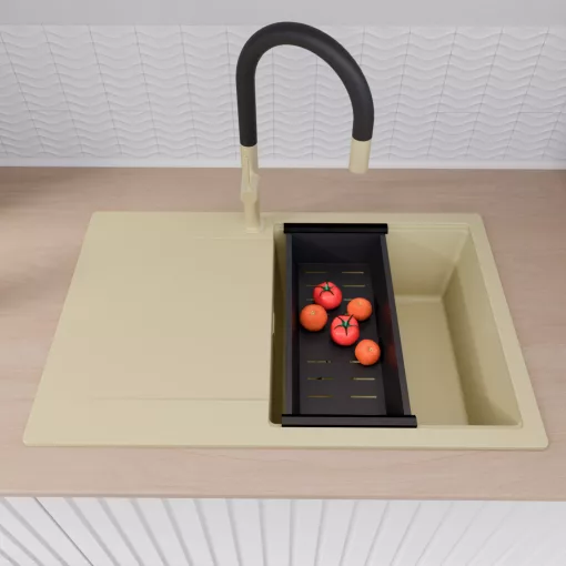 HD Onyx Beige 78 egymedencés mosogatótálca szett, matt fekete csepegtetőráccsal és kosárral, csepegtetőtálcával, soft bézs színben, szálcsiszolt arany leeresztő szifonnal