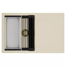 HD Onyx Beige 78 egymedencés mosogatótálca szett, matt fekete csepegtetőráccsal és krómozott kosárral, csepegtetőtálcával, soft bézs színben, szálcsiszolt arany leeresztő szifonnal