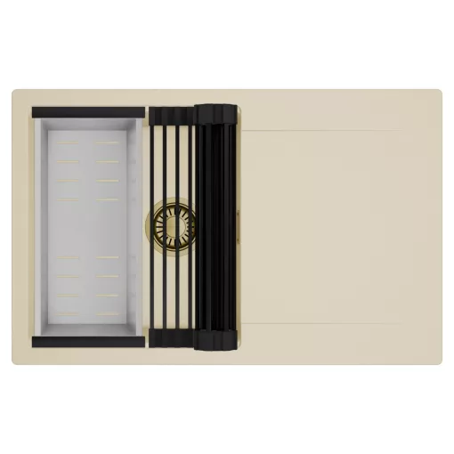 HD Onyx Beige 78 egymedencés mosogatótálca szett, matt fekete csepegtetőráccsal és krómozott kosárral, csepegtetőtálcával, soft bézs színben, szálcsiszolt arany leeresztő szifonnal