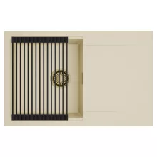 HD Onyx Beige 78 egymedencés mosogatótálca szett, matt fekete csepegtetőráccsal, csepegtetőtálcával, soft bézs színben, szálcsiszolt arany leeresztő szifonnal