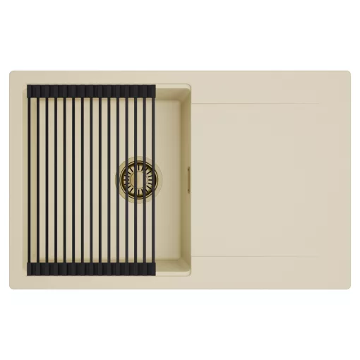 HD Onyx Beige 78 egymedencés mosogatótálca szett, matt fekete csepegtetőráccsal, csepegtetőtálcával, soft bézs színben, szálcsiszolt arany leeresztő szifonnal