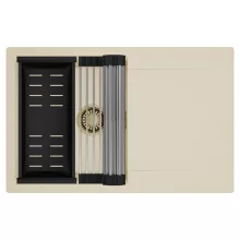 HD Onyx Beige 78 egymedencés mosogatótálca szett, acél csepegtetőráccsal és matt fekete kosárral, csepegtetőtálcával, soft bézs színben, szálcsiszolt arany leeresztő szifonnal