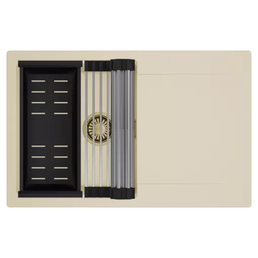HD Onyx Beige 78 egymedencés mosogatótálca szett, acél csepegtetőráccsal és matt fekete kosárral, csepegtetőtálcával, soft bézs színben, szálcsiszolt arany leeresztő szifonnal