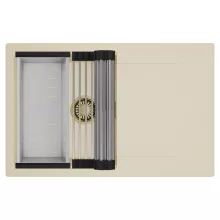 HD Onyx Beige 78 egymedencés mosogatótálca szett, acél csepegtetőráccsal és kosárral, csepegtetőtálcával, soft bézs színben, szálcsiszolt arany leeresztő szifonnal