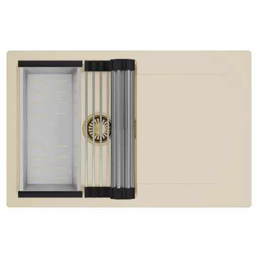 HD Onyx Beige 78 egymedencés mosogatótálca szett, acél csepegtetőráccsal és kosárral, csepegtetőtálcával, soft bézs színben, szálcsiszolt arany leeresztő szifonnal