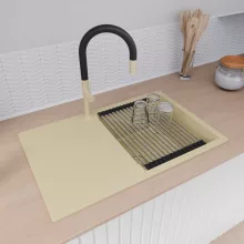 HD Onyx Beige 78 egymedencés mosogatótálca szett, acél csepegtetőráccsal és kosárral, csepegtetőtálcával, soft bézs színben, szálcsiszolt arany leeresztő szifonnal