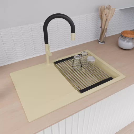 HD Onyx Beige 78 egymedencés mosogatótálca szett, acél csepegtetőráccsal és kosárral, csepegtetőtálcával, soft bézs színben, szálcsiszolt arany leeresztő szifonnal