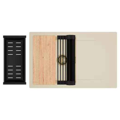 HD Onyx Beige 78 egymedencés gránit mosogatótálca szett, csepegtetőtálcával, vágódeszkával, matt fekete csepegtetőráccsal és kosárral, soft bézs színben, szálcsiszolt arany leeresztő szifonnal