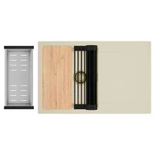 HD Onyx Beige 78 egymedencés gránit mosogatótálca szett, csepegtetőtálcával, vágódeszkával, matt fekete csepegtetőráccsal és krómozott kosárral, soft bézs színben, szálcsiszolt arany leeresztő szifonnal