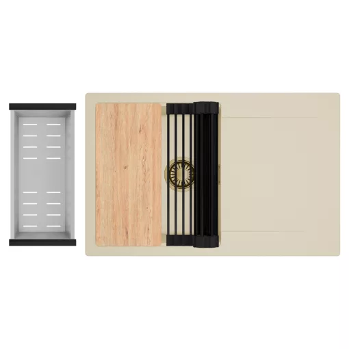 HD Onyx Beige 78 egymedencés gránit mosogatótálca szett, csepegtetőtálcával, vágódeszkával, matt fekete csepegtetőráccsal és krómozott kosárral, soft bézs színben, szálcsiszolt arany leeresztő szifonnal