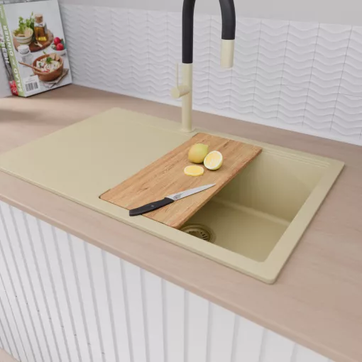 HD Onyx Beige 78 egymedencés gránit mosogatótálca szett, csepegtetőtálcával, vágódeszkával, matt fekete csepegtetőráccsal és krómozott kosárral, soft bézs színben, szálcsiszolt arany leeresztő szifonnal