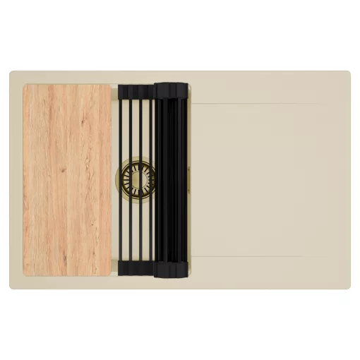 HD Onyx Beige 78 egymedencés gránit mosogatótálca szett, csepegtetőtálcával, vágódeszkával, matt fekete csepegtetőráccsal, soft bézs színben, szálcsiszolt arany leeresztő szifonnal