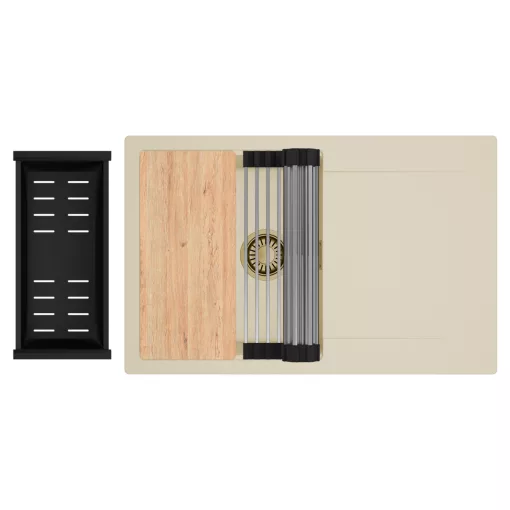 HD Onyx Beige 78 egymedencés gránit mosogatótálca szett, csepegtetőtálcával, vágódeszkával, acél csepegtetőráccsal és matt fekete kosárral, soft bézs színben, szálcsiszolt arany leeresztő szifonnal