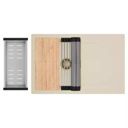 HD Onyx Beige 78 egymedencés gránit mosogatótálca szett, csepegtetőtálcával, vágódeszkával, acél csepegtetőráccsal és kosárral, soft bézs színben, szálcsiszolt arany leeresztő szifonnal